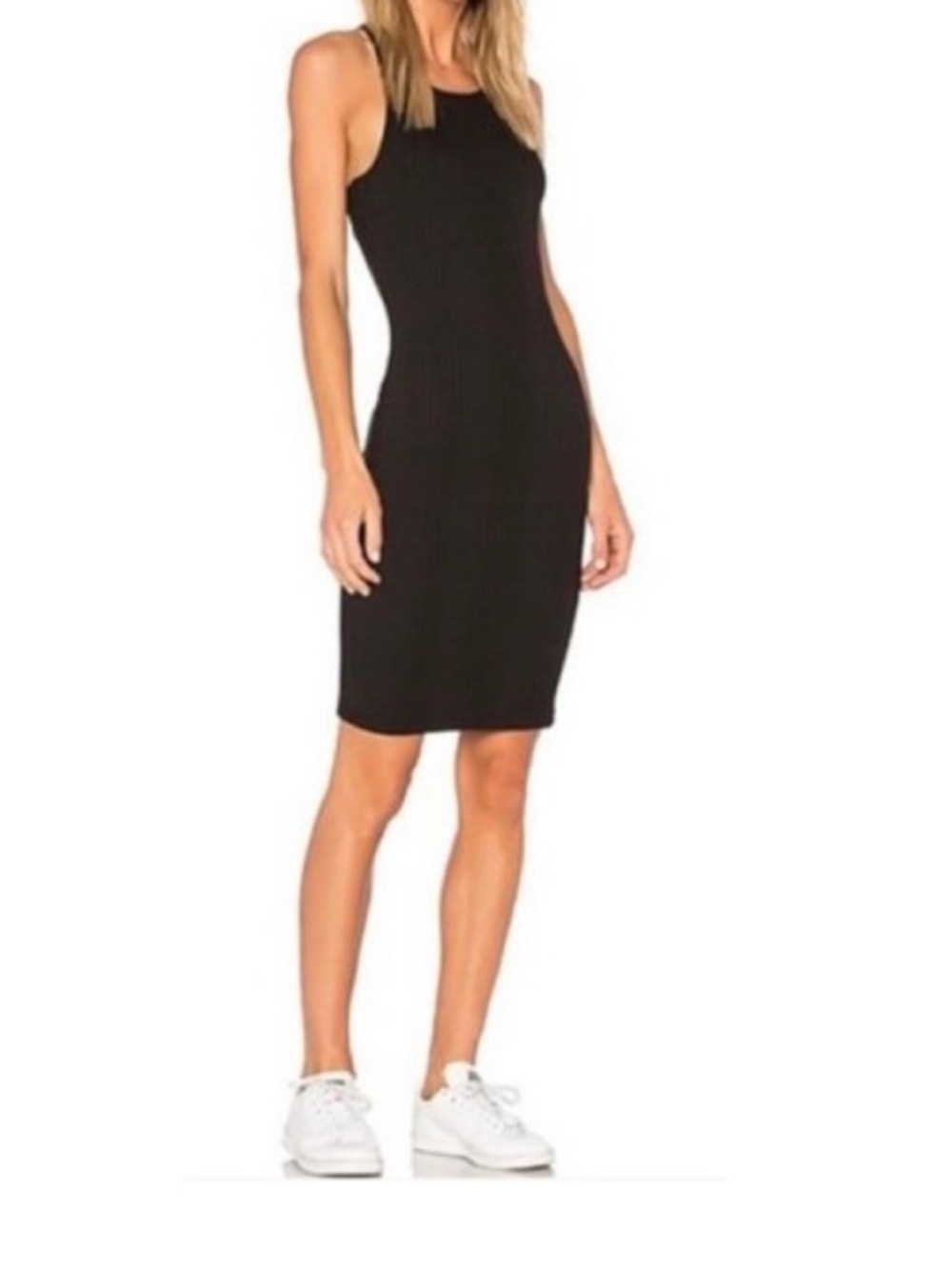 FRAME Cotton Stretch Variegated Black Ribbed Racerback Dress Size XS Midi